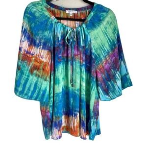 Spense Retro Watercolor Blouse Womens Sz L Capelet Sleeve Flowy Hippie Top
